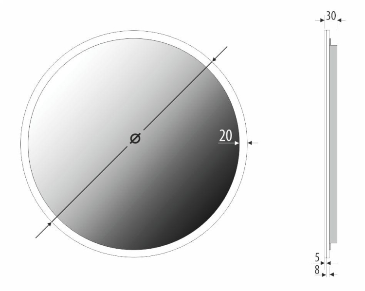 Schemat lustra MILANO – rama 20 mm, głębokość całkowita 30 mm, średnica zależna od wariantu