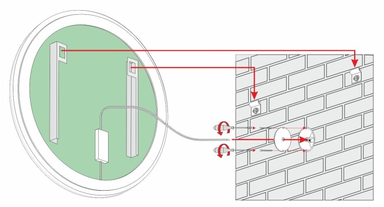 Schemat montażu lustra MILANO – widok od tyłu z oznaczeniem uchwytów