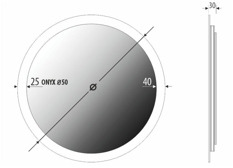 Schemat lustra ONYX –  głębokość całkowita 30 mm, średnica zależna od wariantu