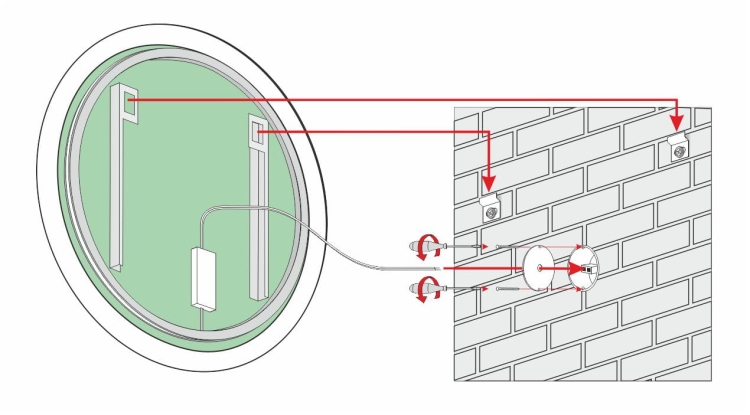 Schemat montażu lustra ONYX – widok od tyłu z oznaczeniem uchwytów