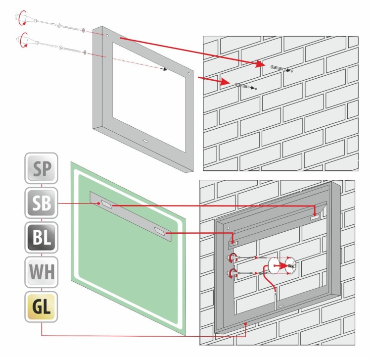 Schemat montażu lustra QUADRO – widok od tyłu z oznaczeniem uchwytów