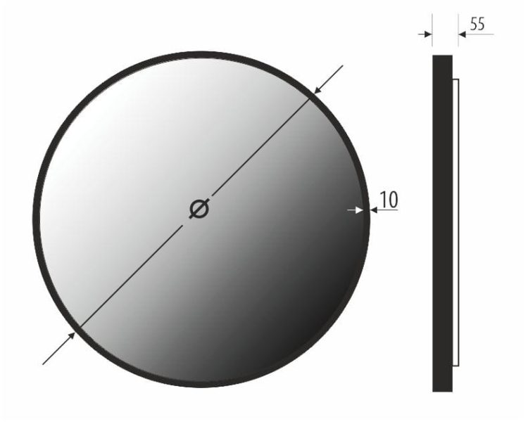 Schemat lustra SELENA PLUS – rama 10 mm, głębokość całkowita 55 mm, średnica zależna od wariantu