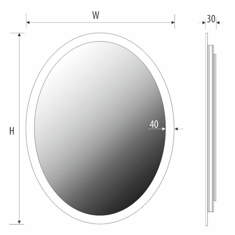 Schemat lustra SOFIA – głębokość całkowita 30 mm, wymiary zależne od wariantu