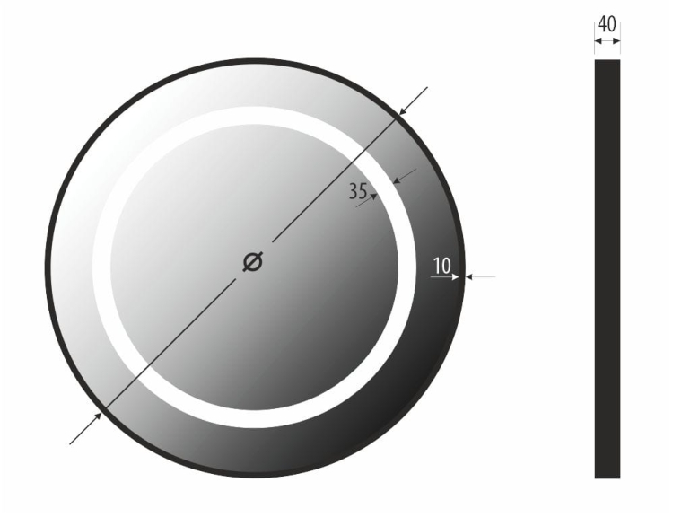 Schemat lustra STILO – rama 10 mm, głębokość całkowita 40 mm, średnica zależna od wariantu