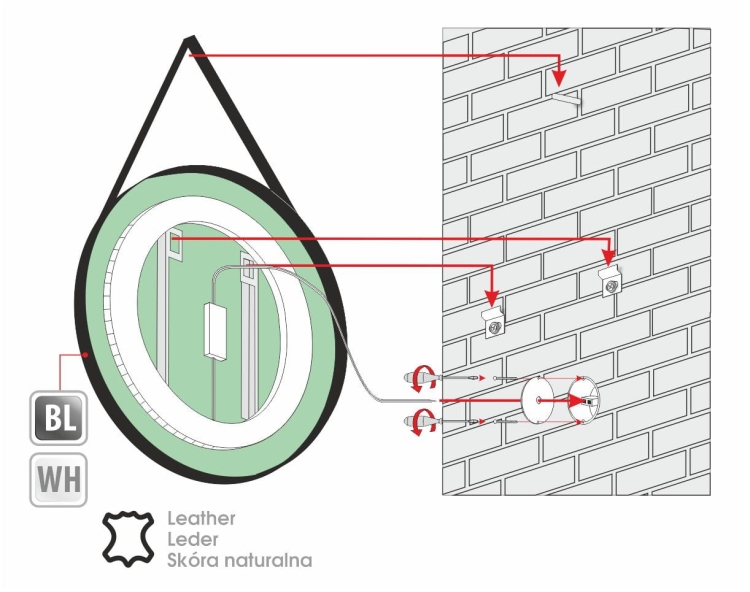 Schemat montażu lustra STILO – widok od tyłu z oznaczeniem uchwytów
