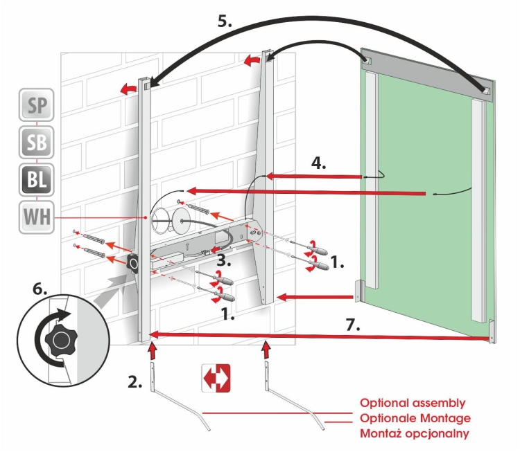 Schemat montażu lustra TORINO 2 – widok od tyłu z oznaczeniem uchwytów