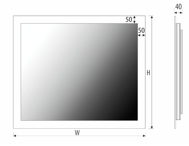 Schemat lustra WEGA – głębokość całkowita 40 mm, wymiary zależne od wariantu
