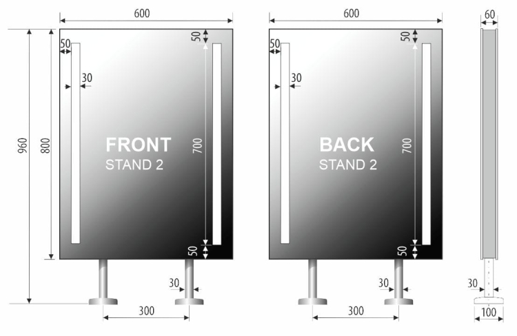 Schemat lustra STAND 2, głębokość całkowita 60 mm, wymiary zależne od wariantu