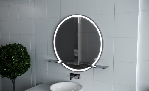 Czarna szklana półka do okrągłego lustra - PLK1 na lustrze LUPE