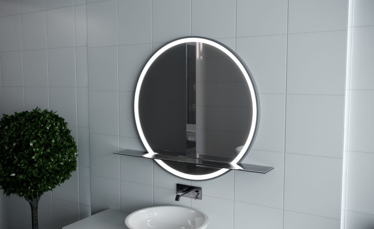 Czarna szklana półka do okrągłego lustra - PLK1 na lustrze LUPE