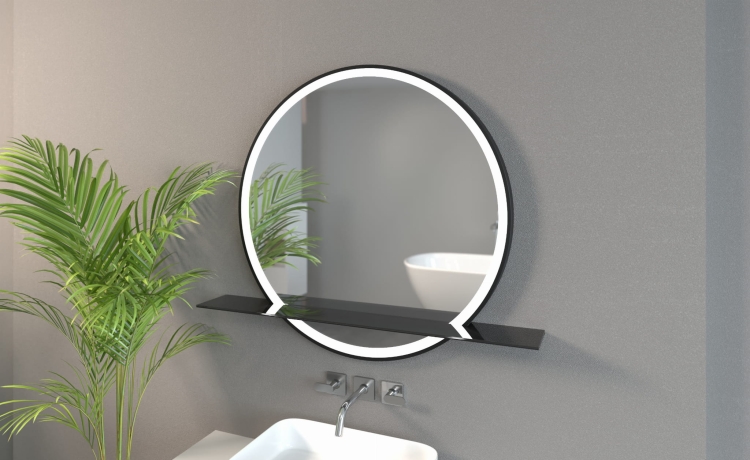 Czarna szklana półka do okrągłego lustra - PLK1 na lustrze LUPE