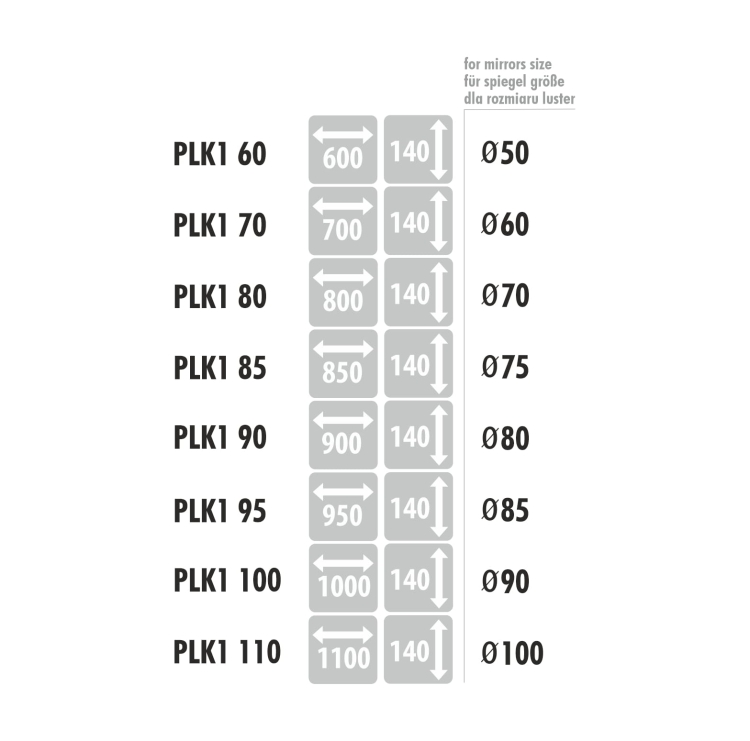 Szklana półka do okrągłego lustra - PLK1 - rozmiary