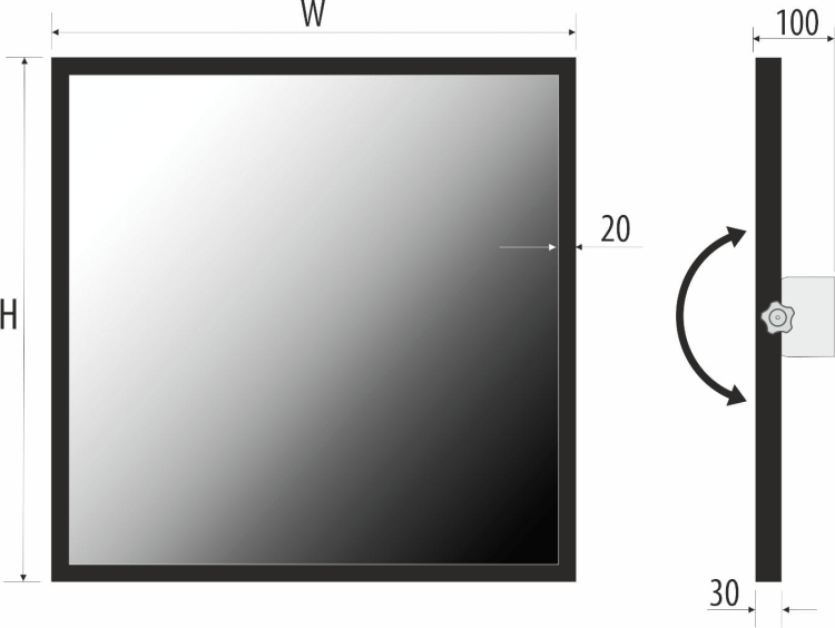 Schemat lustra DIEGO – rama 20 mm, głębokość całkowita 100 mm, wymiary zależne od wariantu