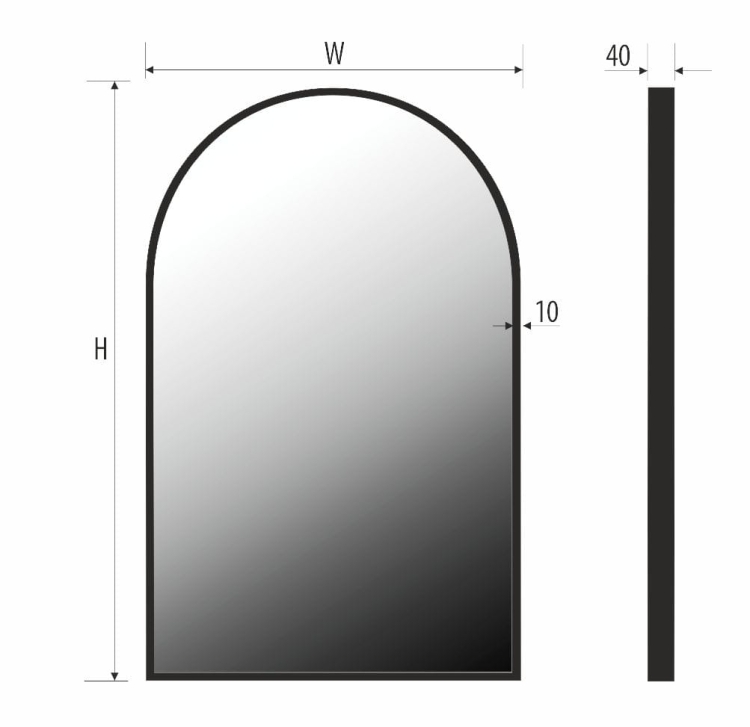 Schemat lustra MALAGA – rama 10 mm, głębokość całkowita 40 mm, wymairy zależne od wariantu