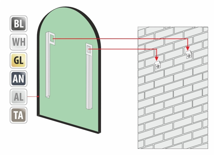 Schemat montażu lustra ANDREA – widok od tyłu z oznaczeniem uchwytów