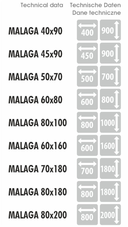 Lustro Malaga - dostępne wymiary