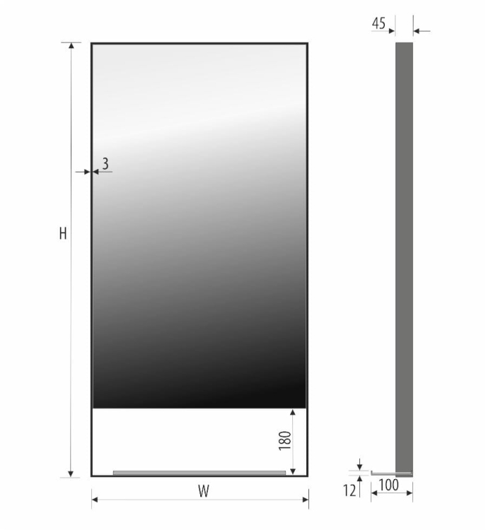 Schemat lustra ANDREA – rama 3 mm, głębokość całkowita 45 mm, wymiary zależne od wariantu
