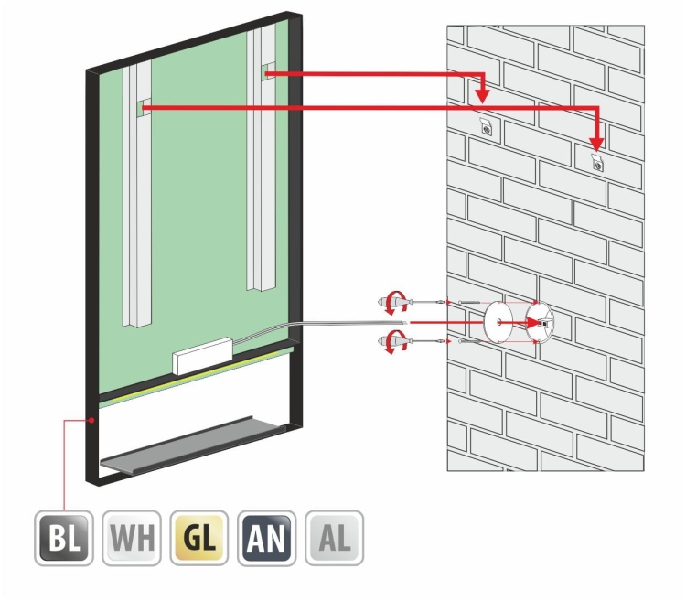 Schemat montażu lustra MILENA – widok od tyłu z oznaczeniem uchwytów