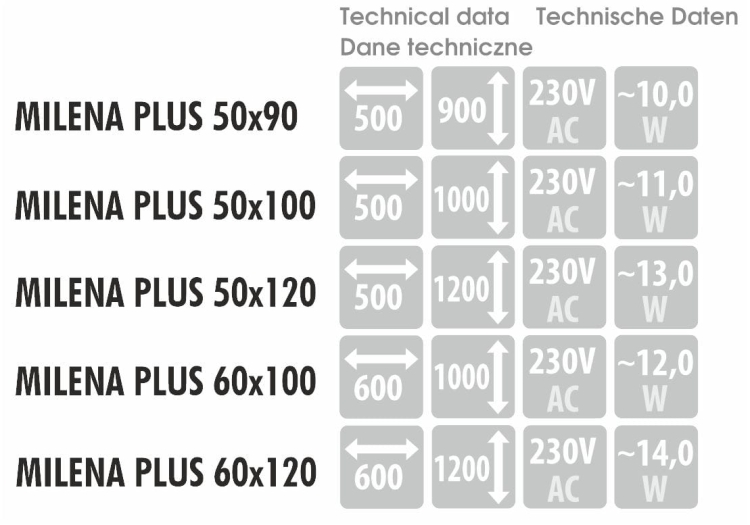 Schemat lustra ANDREA – rama 10 mm, głębokość całkowita 40 mm, średnica zależna od wariantu