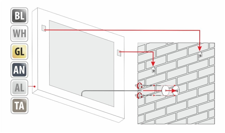 Schemat montażu lustra SIMONA – widok od tyłu z oznaczeniem uchwytów