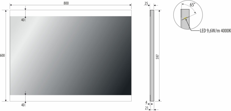 Lustro LED prostokątne 80x60 cm – rysunek techniczny z wymiarami – wersja OUTLET