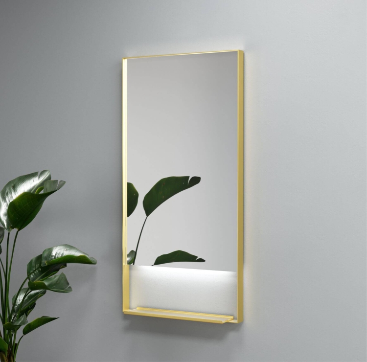 Lustro prostokątne z półką MILENA z oświetleniem LED w złotej ramie