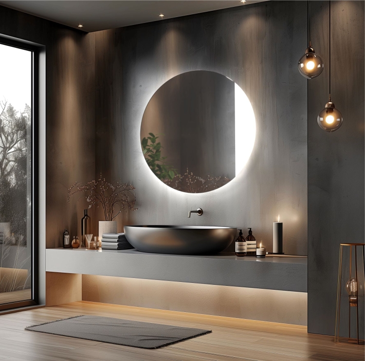 Lustro okrągłe LUNA z oświetleniem LED w betonowej łazience