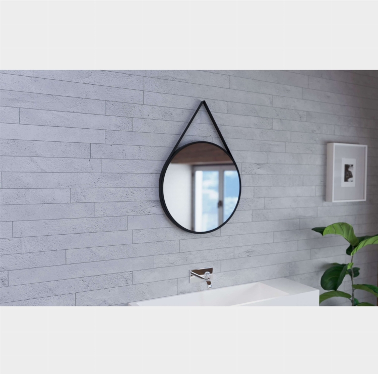 Lustro okrągłe ANDREA w czarnej ramie na skórzanym pasku w aranżacji łazienki