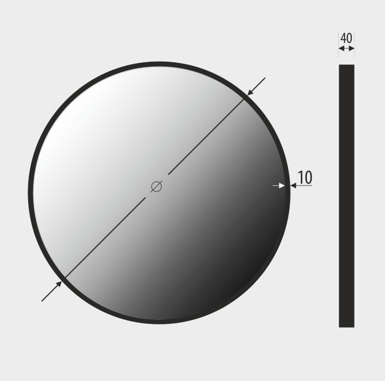 Schemat lustra ANDREA – rama 10 mm, głębokość całkowita 40 mm, średnica zależna od wariantu