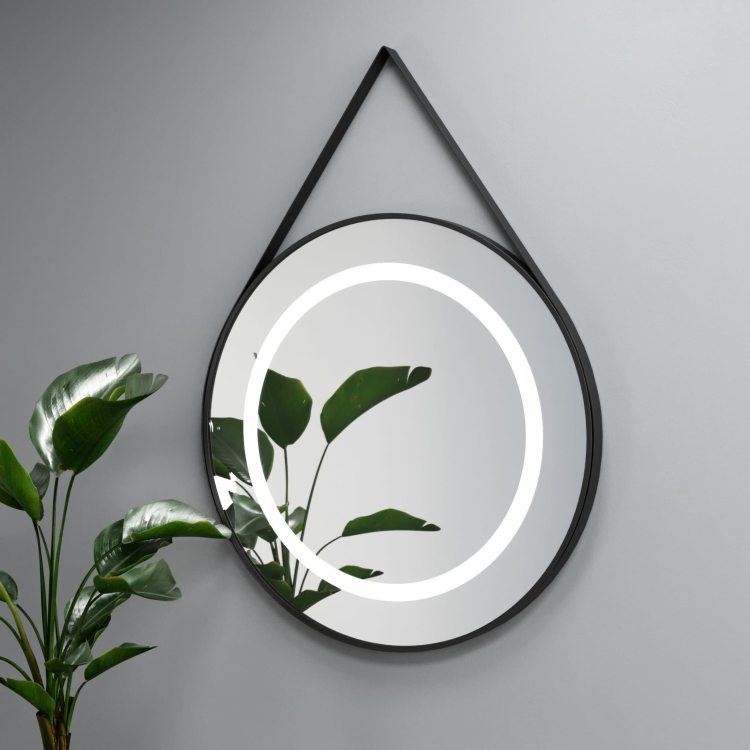 Lustro okrągłe STILO w czarnej ramie z oświetleniem LED na skórzanym pasku