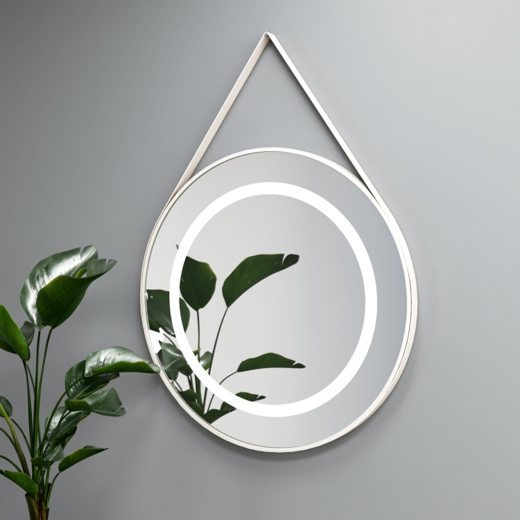 Lustro okrągłe STILO w białej ramie z oświetleniem LED na skórzanym pasku