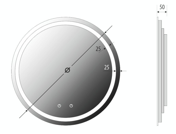 Schemat lustra CERCHIO R DUO – głębokość całkowita 50 mm, średnica zależna od wariantu