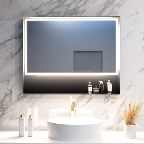 Lustro prostokątne z półką w ramie ZARIA BLACK z oświetleniem LED