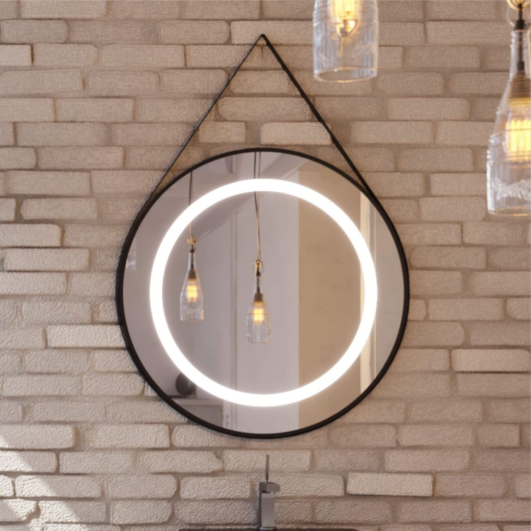 Lustro okrągłe STILO w ramie z oświetleniem LED na skórzanym pasku