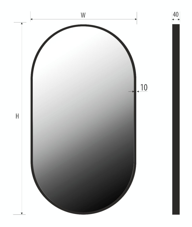 Wymiary lustra owalnego Lisa w CZARNEJ ramie 62x112 cm - rysunek techniczny