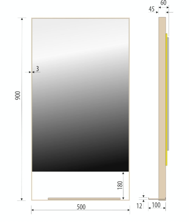Wymiary lustra MILENA PLUS 50x90 cm - rysunek techniczny