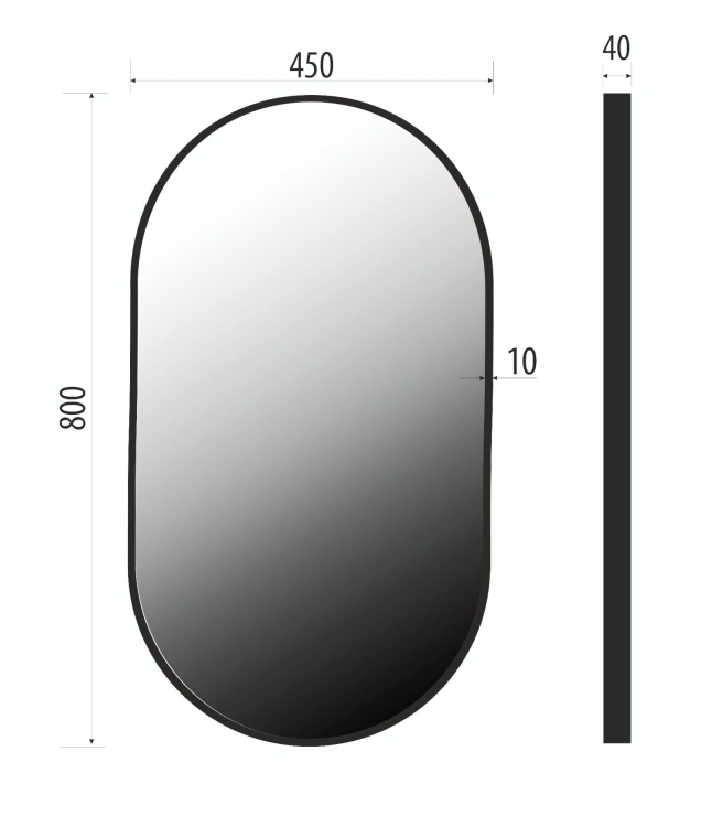 Wymiary lustra owalnego LISA w CZARNEJ ramie 45x80 cm – rysunek techniczny