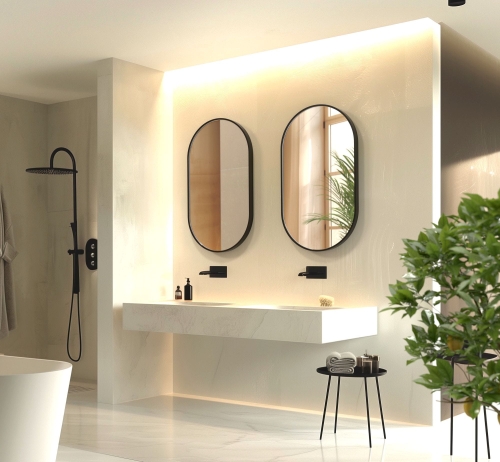 Lustro owalne LISA w CZARNEJ ramie w aranżacji łazienki 41x100 cm - OUTLET