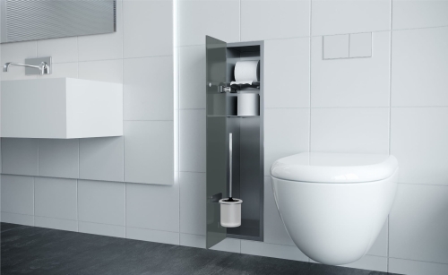 Schowek WC na szczotkę i papier toaletowy STALOWY SZARE DRZWI WNĘKOWY FLAT 800