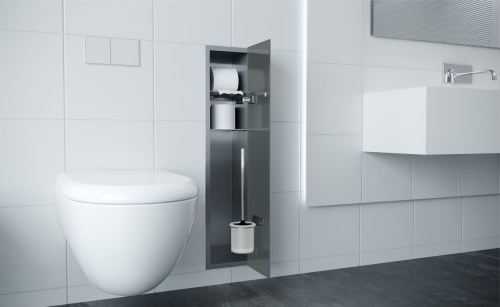 Schowek WC na szczotkę i papier toaletowy STALOWY SZARE DRZWI WNĘKOWY FLAT 800