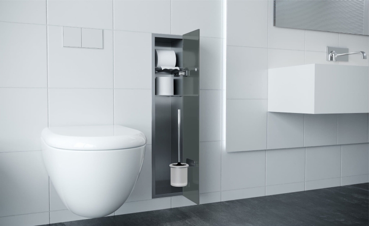 Schowek WC na szczotkę i papier toaletowy STALOWY SZARE DRZWI WNĘKOWY FLAT 800