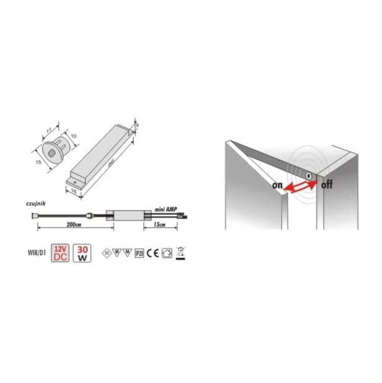 Wyłącznik zbliżeniowy IR do drzwi WIR/D1 - wymiary