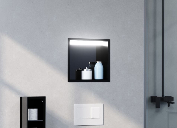 Czarna półka wnękowa FLAT 300/10 LED z oświetleniem LED - do zabudowy w łazience