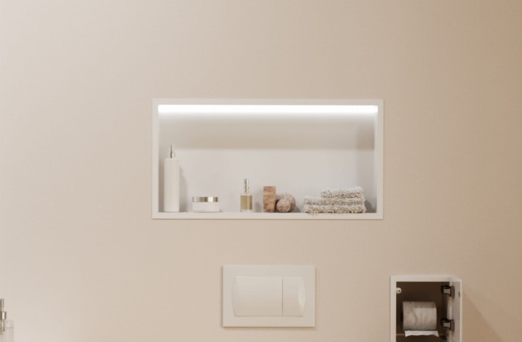 Biała półka wnękowa FLAT 600/10 z oświetleniem LED - do zabudowy w łazience