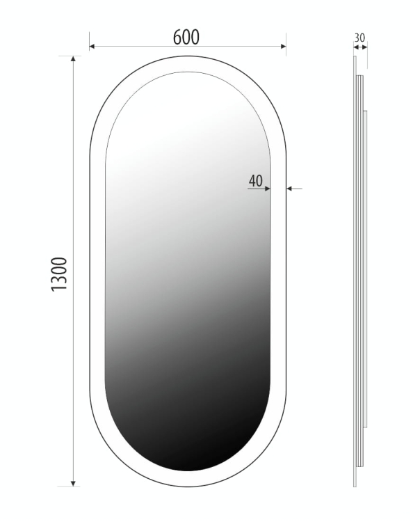 Lustro owalne Livia 60x130 cm z oświetleniem LED RYSUNEK