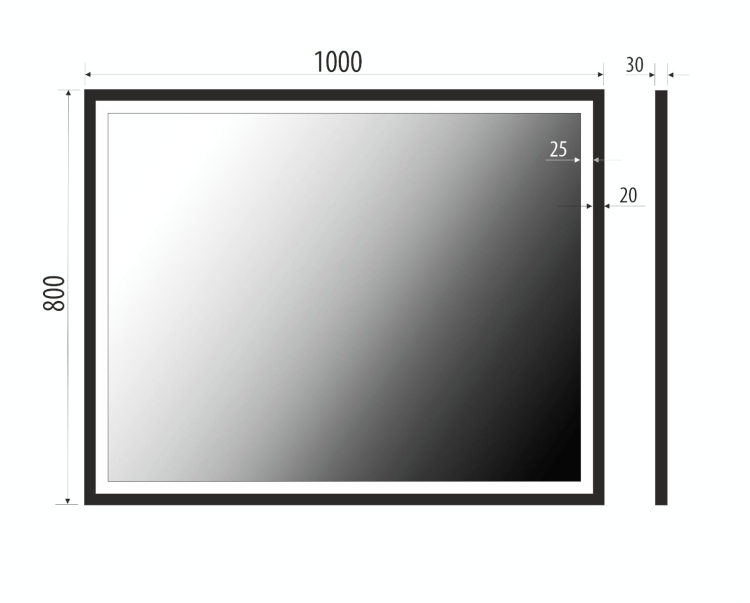 Lustro prostokątne ASTON w CZARNEJ ramie z oświetleniem LED 100x80 cm RYSUNEK