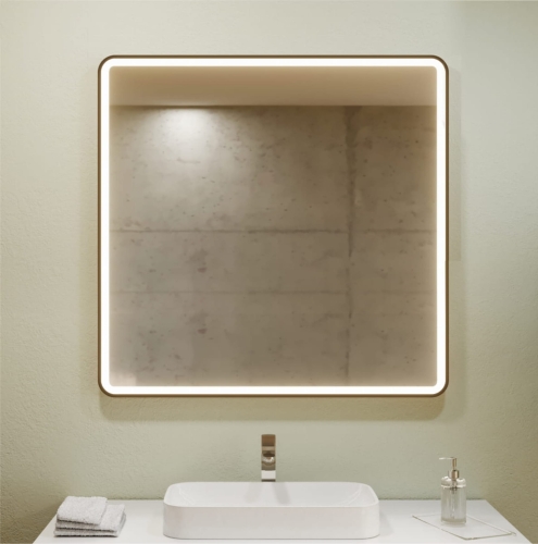 Lustro prostokątne z zaokrąglonymi rogami NINA w CZARNEJ ramie z oświetleniem LED 80x80 cm