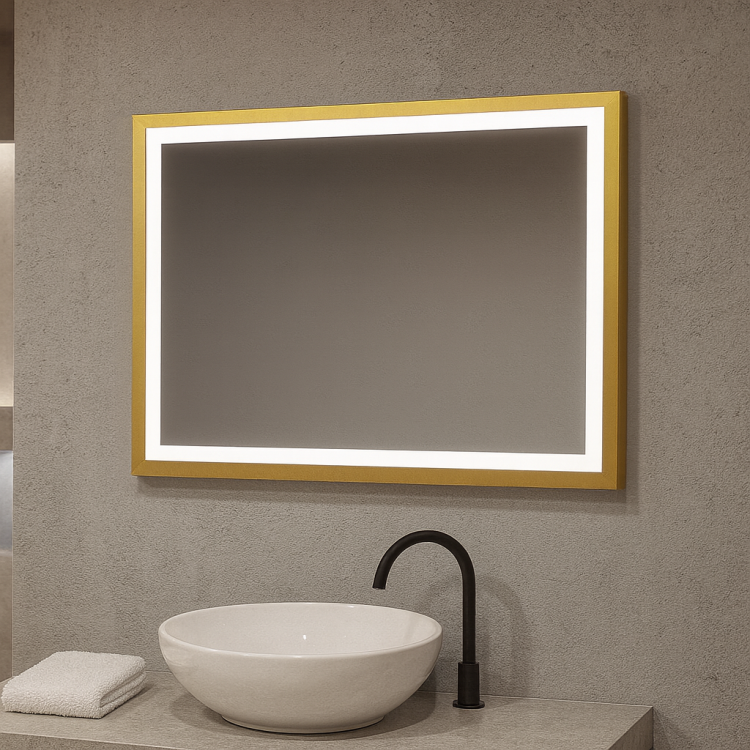 Lustro prostokątne ASTON w ZŁOTEJ ramie z oświetleniem LED 75x65 cm OUTLET