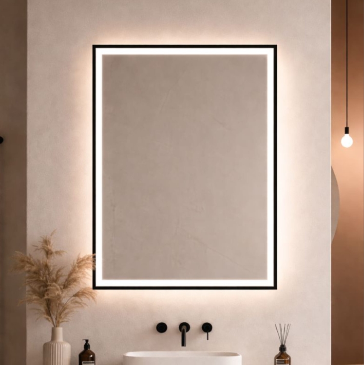 Lustro prostokątne ASTON PLUS w CZARNEJ ramie z oświetleniem LED 90x127,5 cm