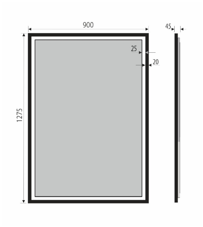 Lustro prostokątne ASTON PLUS w CZARNEJ ramie z oświetleniem LED 90x127,5 cm - RYSUNEK
